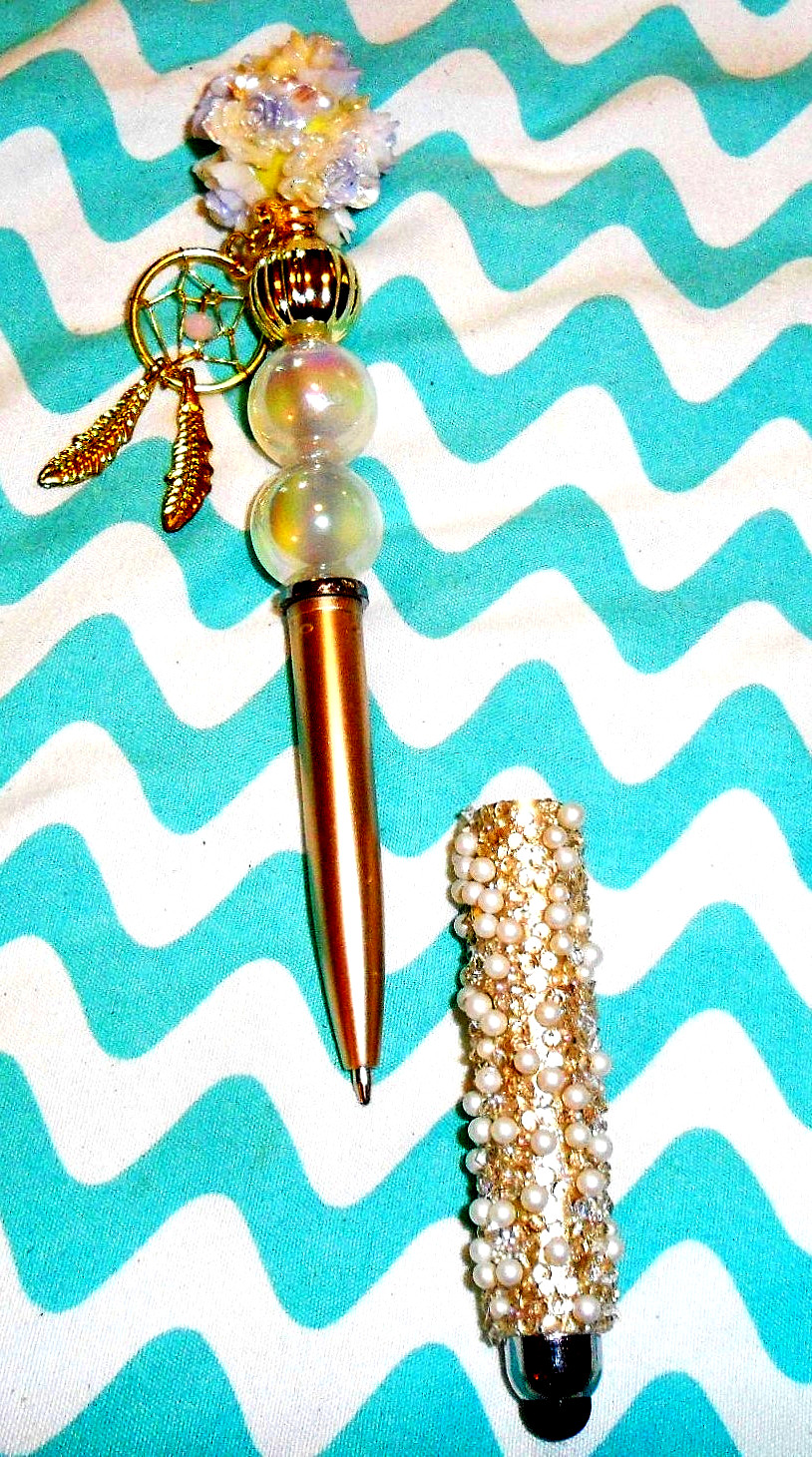 2 in 1 Stylus w/Ballpoint pen* Decorated Faux Pearl bd & Dangling Dream Catcher