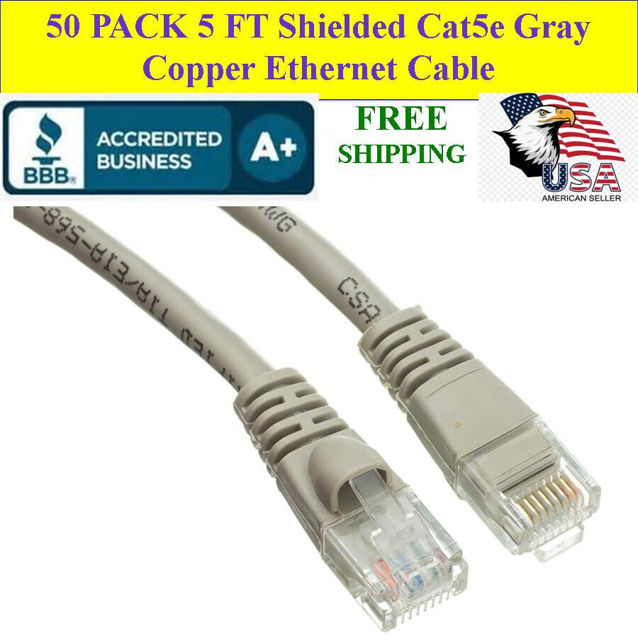 50 PACK 5ft Cat5e Gray Shielded Ethernet Patch Cable RJ45 Gold Connectors 24 AWG