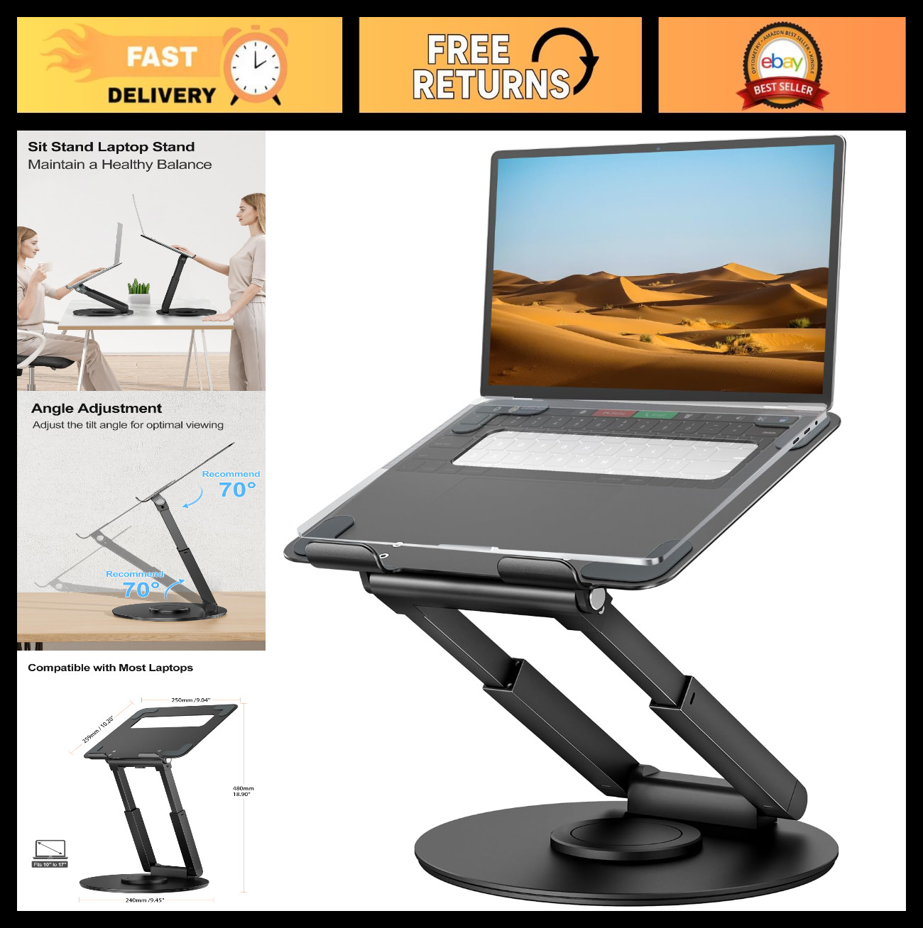 Telescopic Laptop Stand with 360° Swivel, Height Adjustable, Portable Riser for
