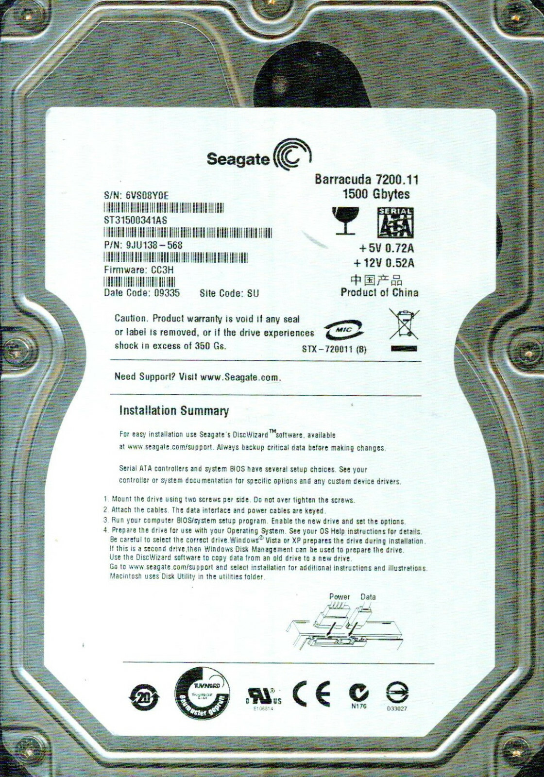 ST31500341AS,  9JU138-568,  CC3H, SU,  6VS0,  100515009  SEAGATE SATA 1.5TB 