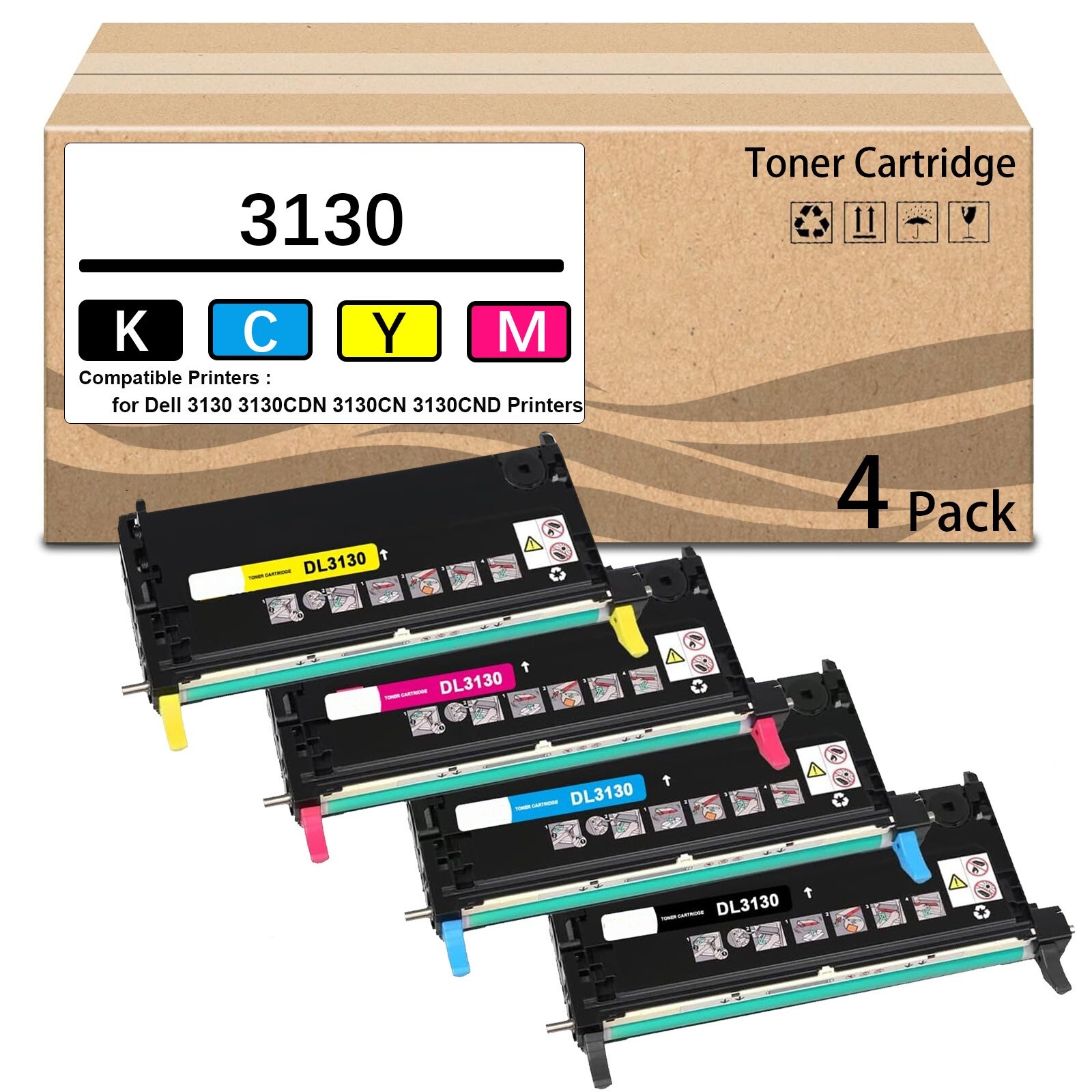 4 Pack 330-1198 330-1199 330-1200 330-1204 Toner Cartridge Use for Dell 3130
