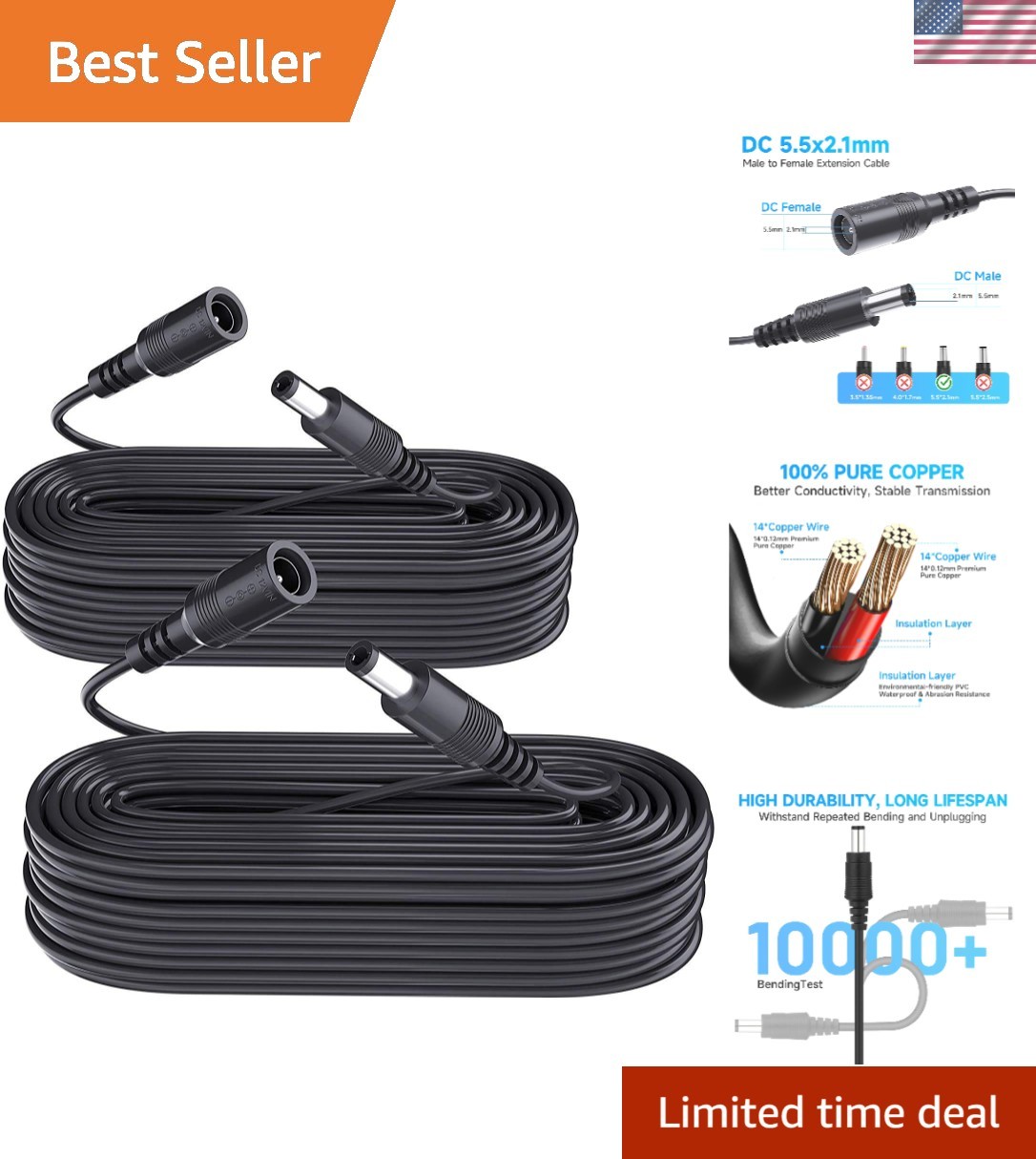 Durable 2 Pack 33ft DC Power Extension Cables for CCTV, LED Lights & More