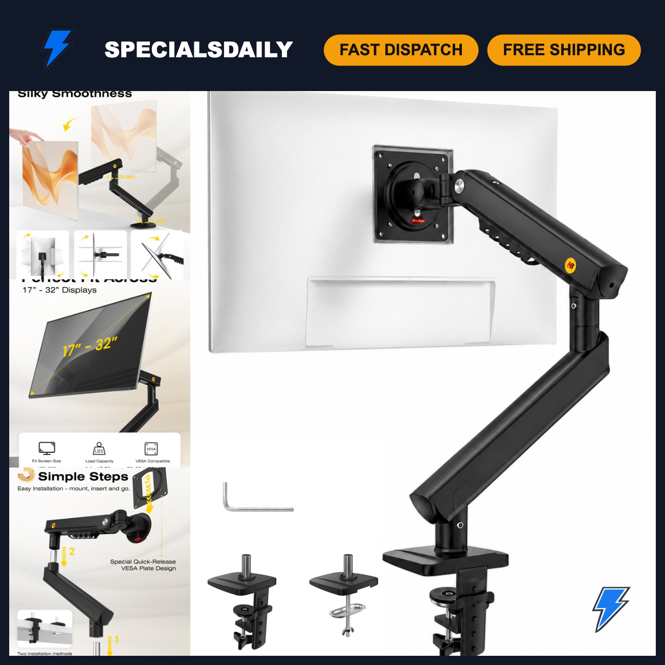 Adjustable Monitor Mount Stand for 32" Screens, VESA 75/100 mm, Spring Arm, Blac