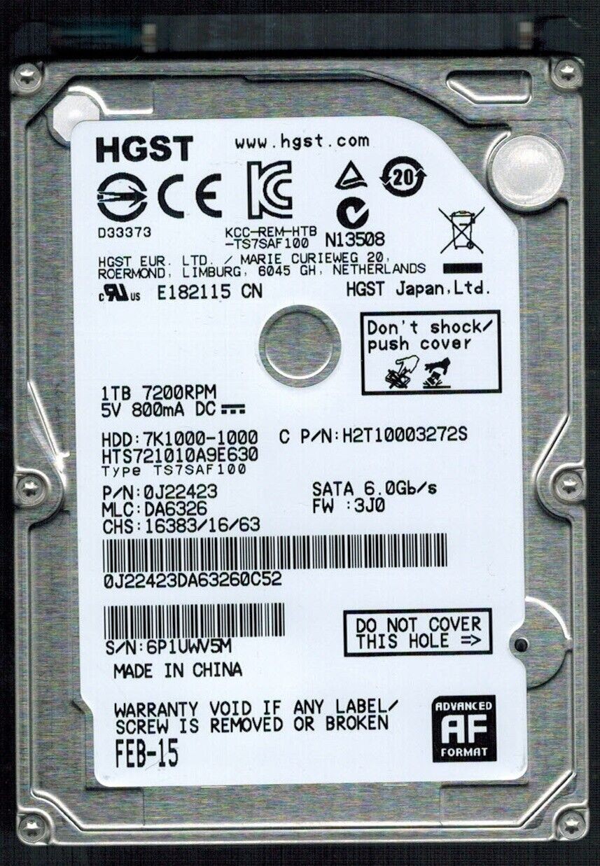 HTS721010A9E630 P/N: 0J22423 MLC: DA6326 CHINA FEB 2015 HGST 1TB