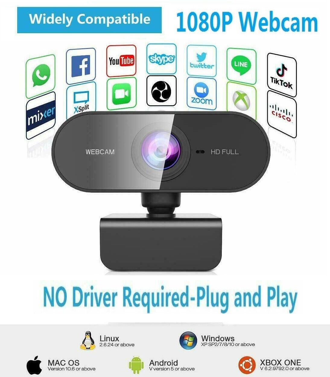 Zoom Skype FHD USB Webcam & Mic Full HD 1080P Streaming Camera for PC MAC Laptop