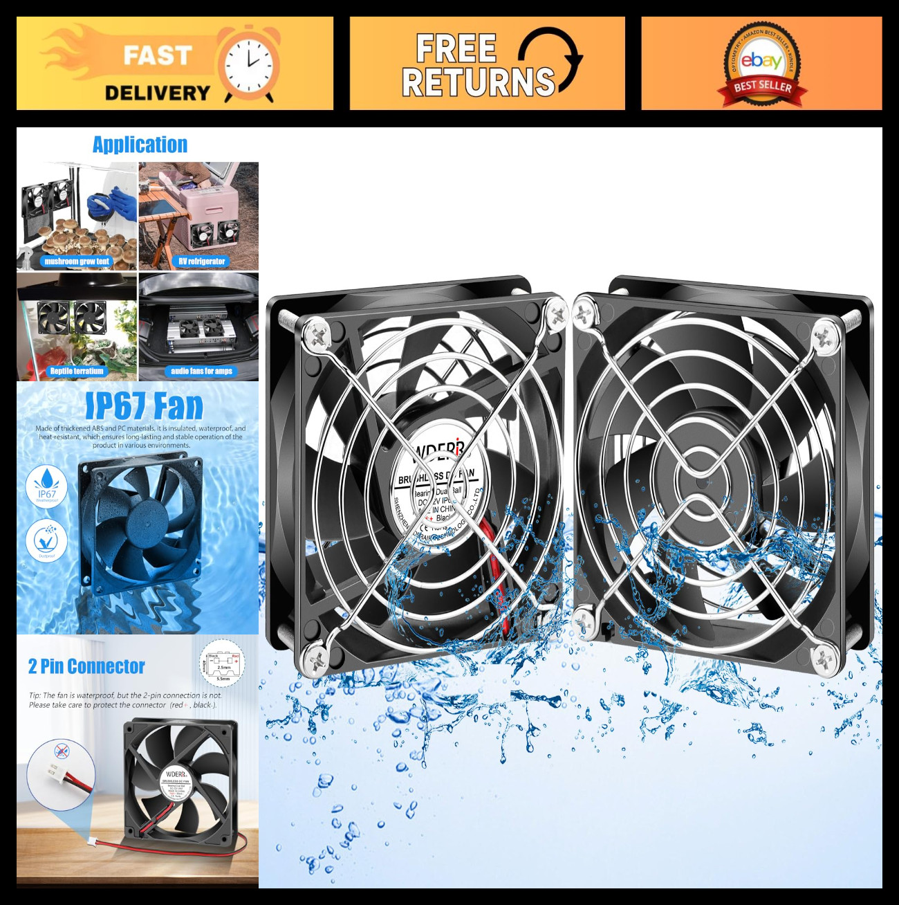 12V 80mm Waterproof DC Cooling Fan - Dual Ball Bearing for RV, Fridge, Cabinet -