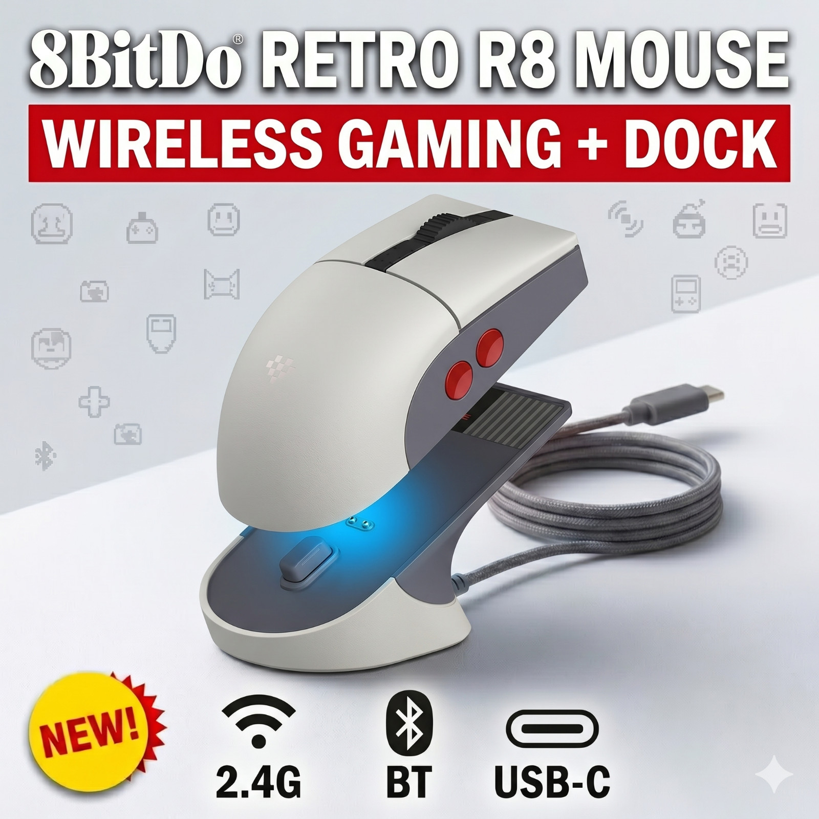 8BitDo Retro R8 Wireless Gaming Mouse w/ Charging Dock Bluetooth 2.4G USB-C Prog