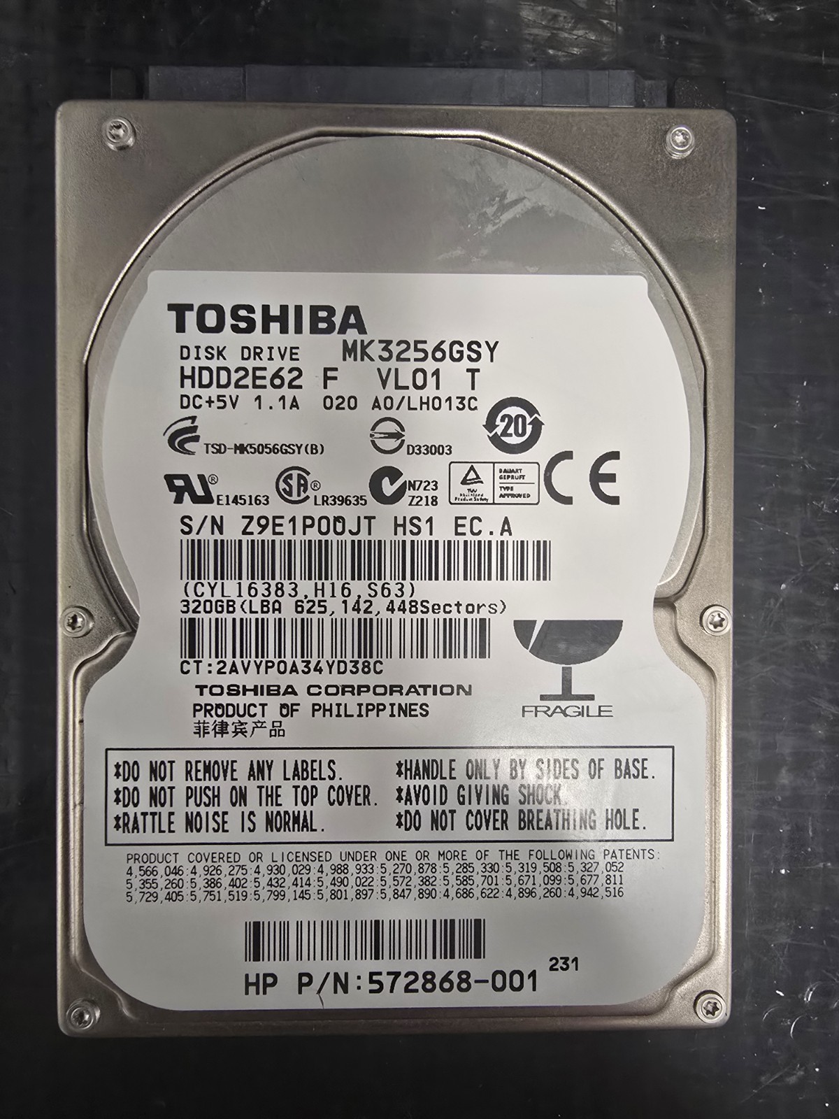 Toshiba MK3256GSY SATA 2.5" Hard Drive HDD 320GB Tested 
