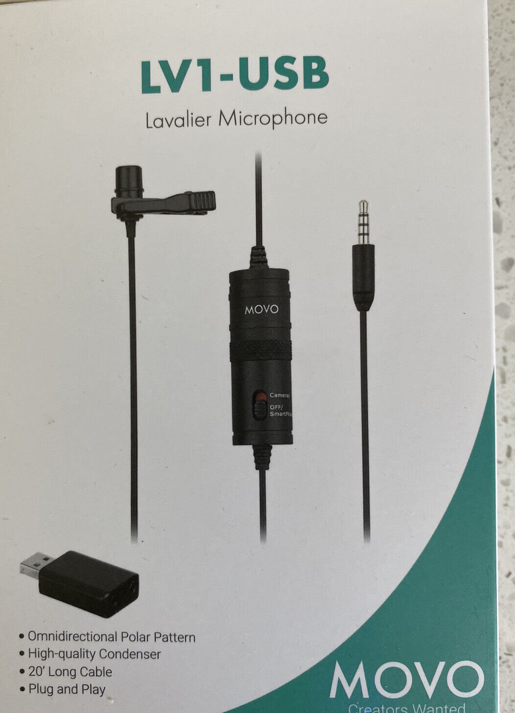 Movo LV1-USB-II Universal Lavalier Microphone w/ USB Adapter for Recording Video