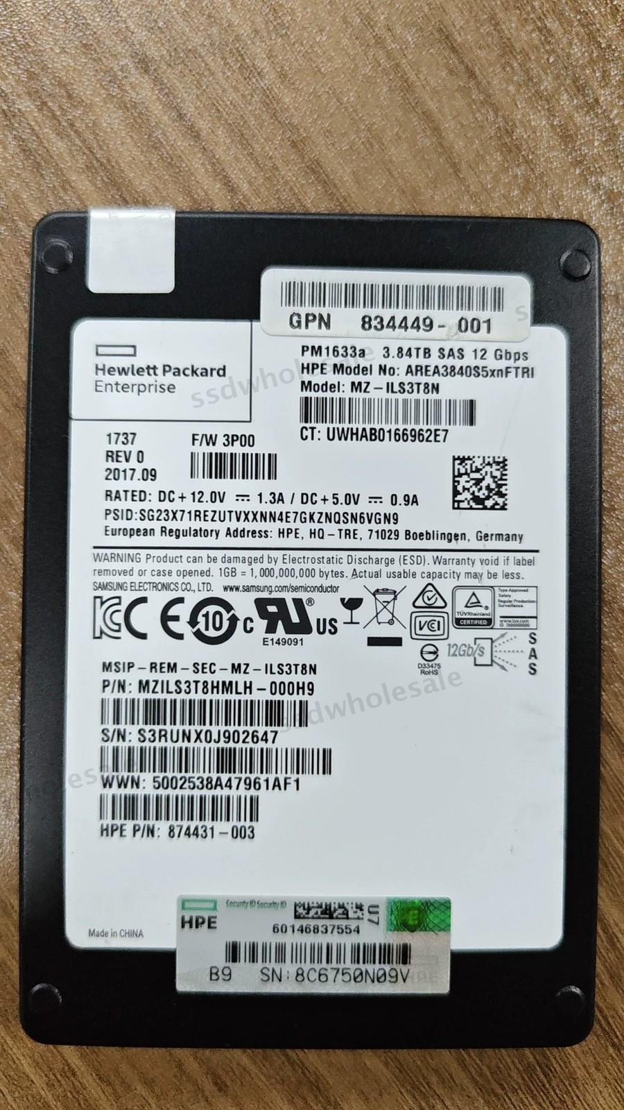 95%+ health HPE Samsung PM1633a 3.84TB SAS 12Gps MZ-ILS3T8N AREA3840S5xnFTRI SSD