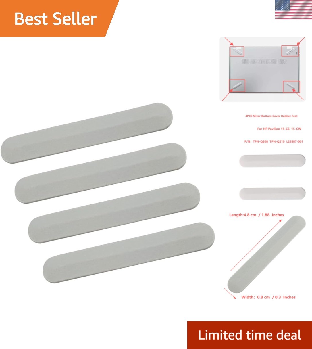 4PCS Silver Bottom Rubber Feet Pads for HP Pavilion 15-CS 15-CW TPN-Q208 Q210