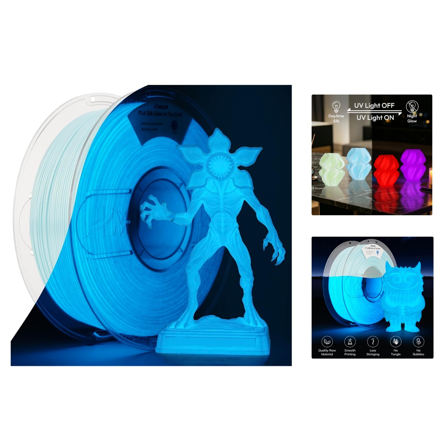 1KG Silk Blue Glow in the Dark PLA Filament 1.75mm - Ideal for Unique Designs