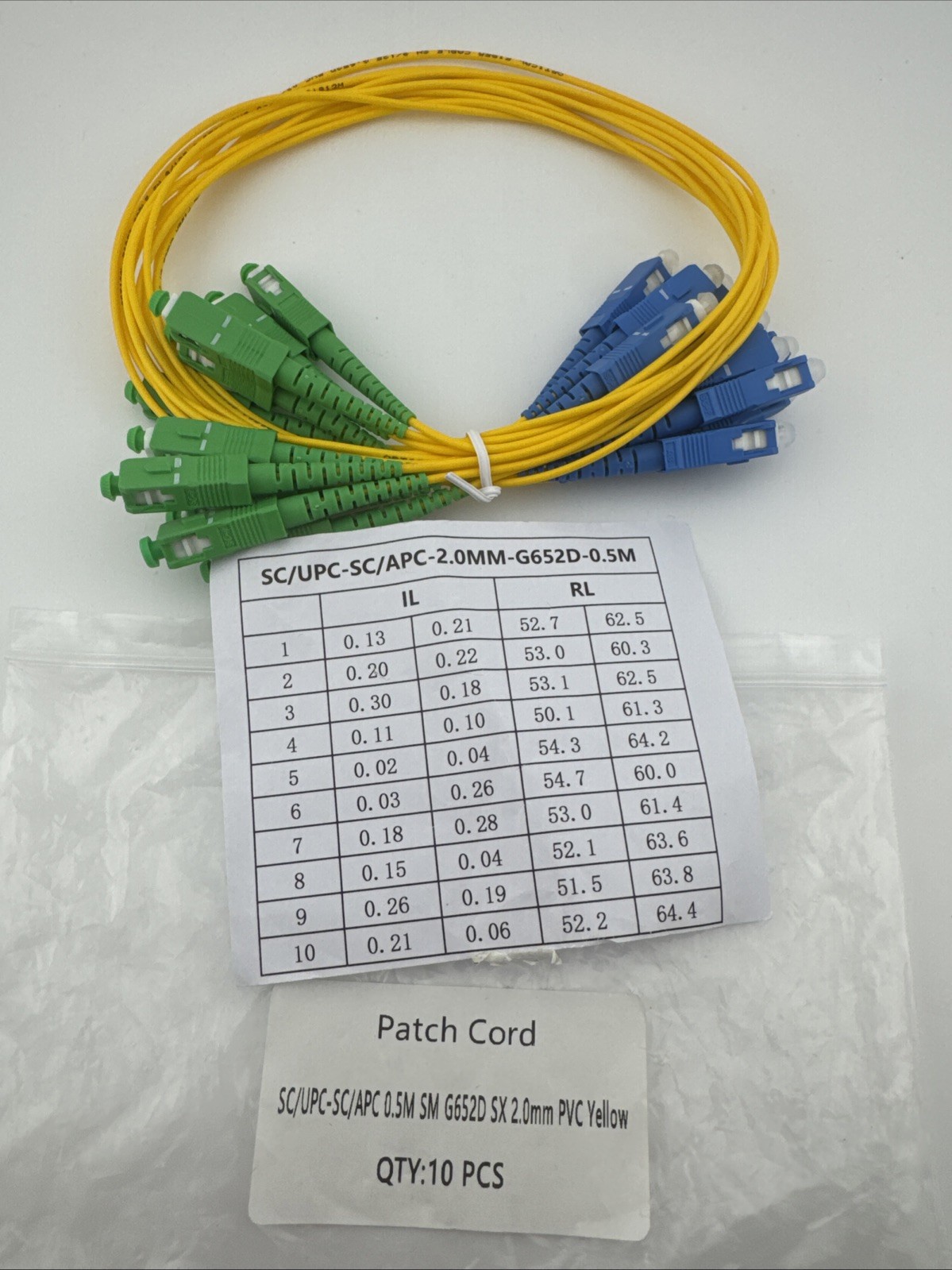 10 Pack -SC/UPC-SC/APC Fiber Optic Cable 0.5m G652D SX 2mm Singlemode Patch Cord