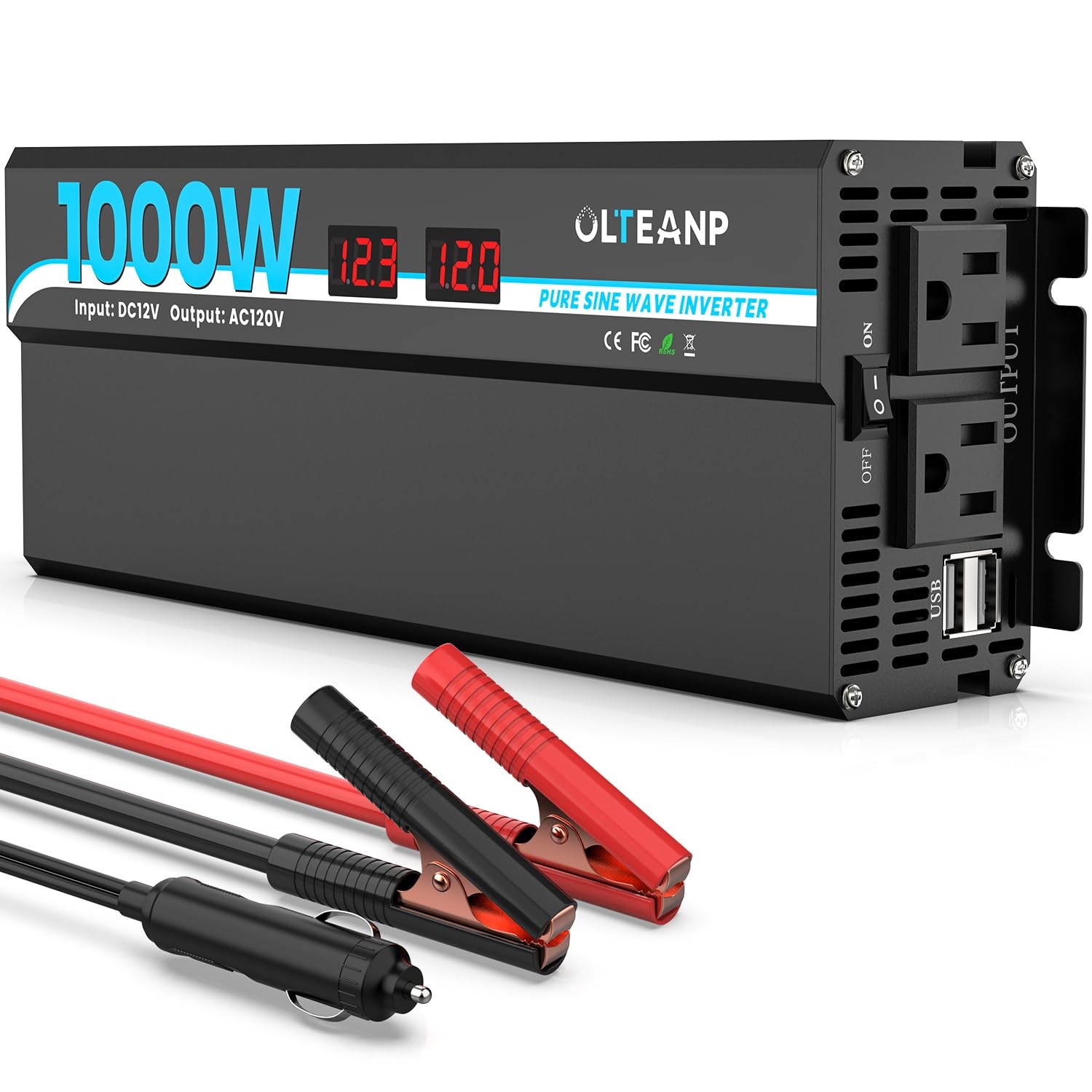 1000w Pure Sine Wave Power Inverter With 2 Ac Outlets 2 Usb Ports Lcd Display 12