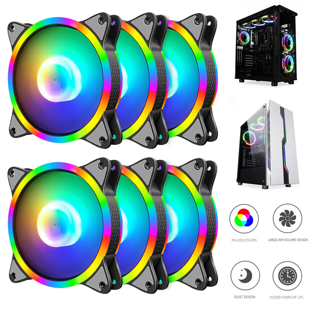 6 Pack LED PC Computer Cooling Fan 120mm Quite Case Cooler Fans Rainbow Light