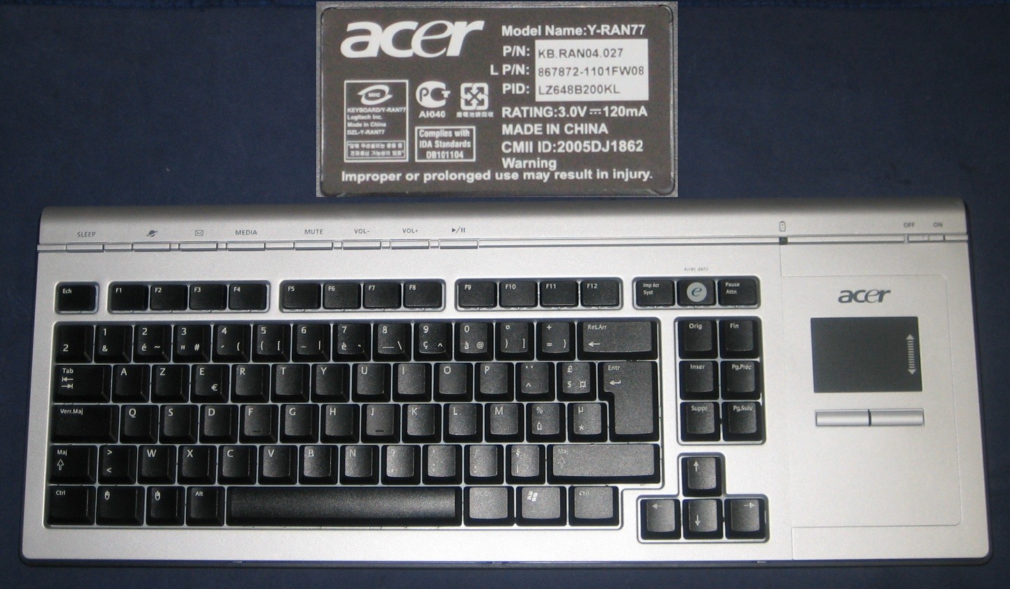 Wireless Keyboard AZERTY French ACER YRAN77 KB.RAN04.027