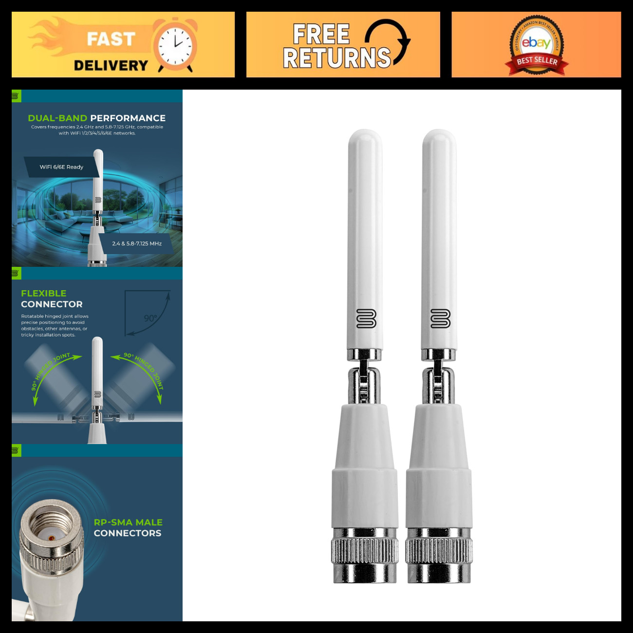 WiFi Omni Monopole Antenna 2.4/5.8GHz, 7.125GHz, 2-Pack for Enhanced Signal