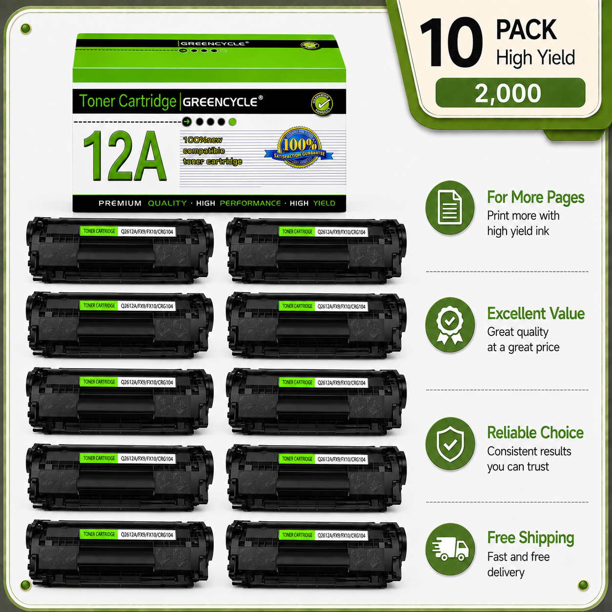 GREENCYCLE 10PK Q2612A 12A Toner Cartridges Fits for HP LaserJet 1015 1018 1020