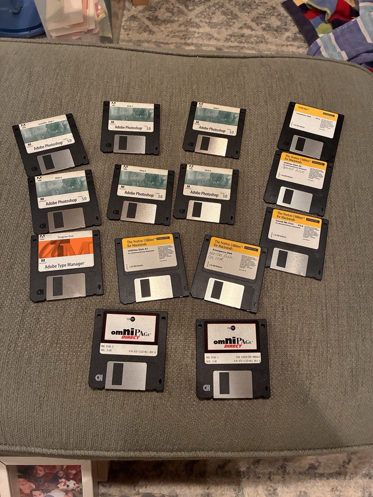 vintage Macintosh software on 3.5-inch floppy disks, Adobe Photoshop 3.0, Norton
