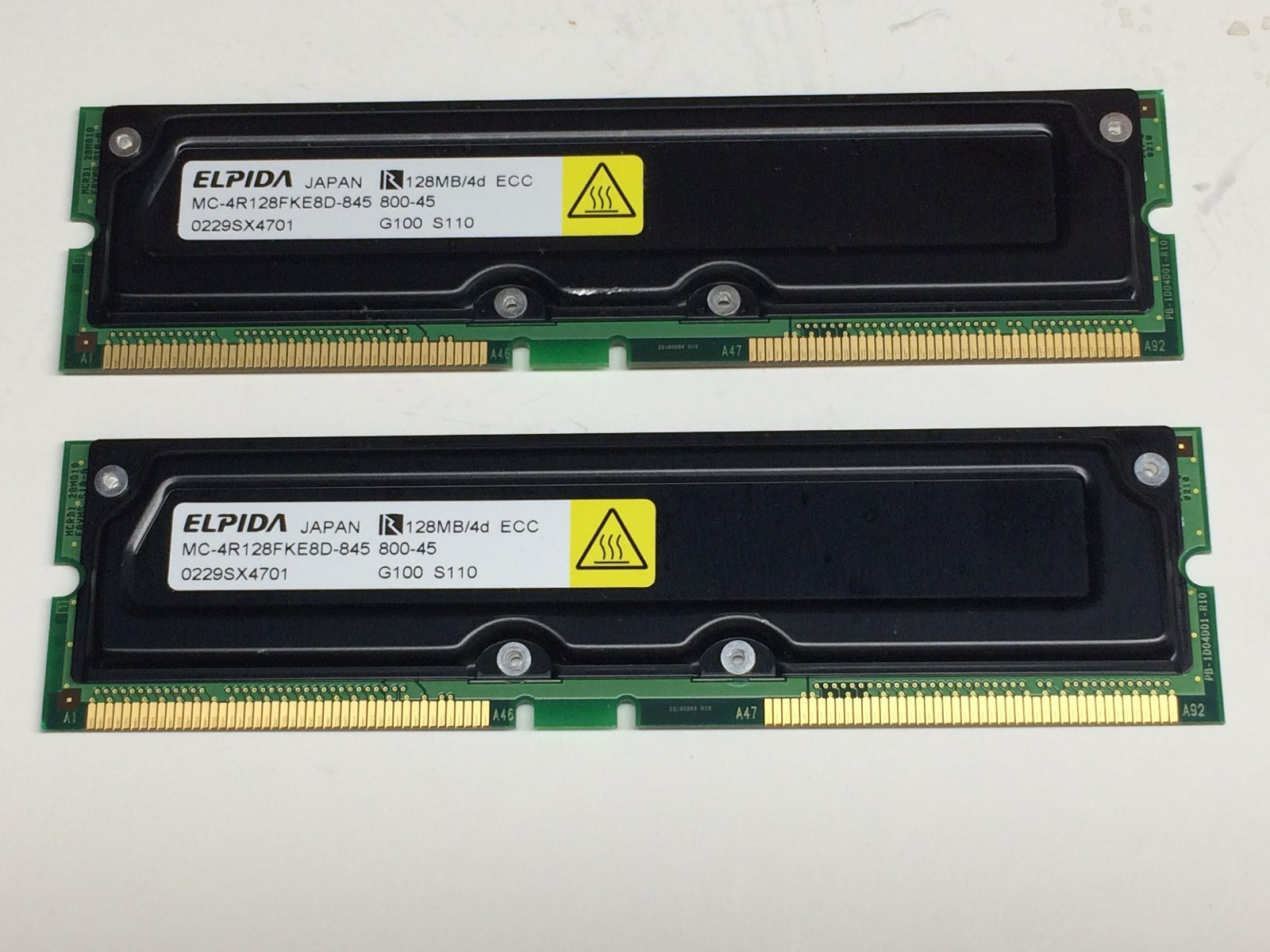 QTY 2 - Elpida 128 MB RIMM DRAM Memory (MC-4R128FKE8D-845)