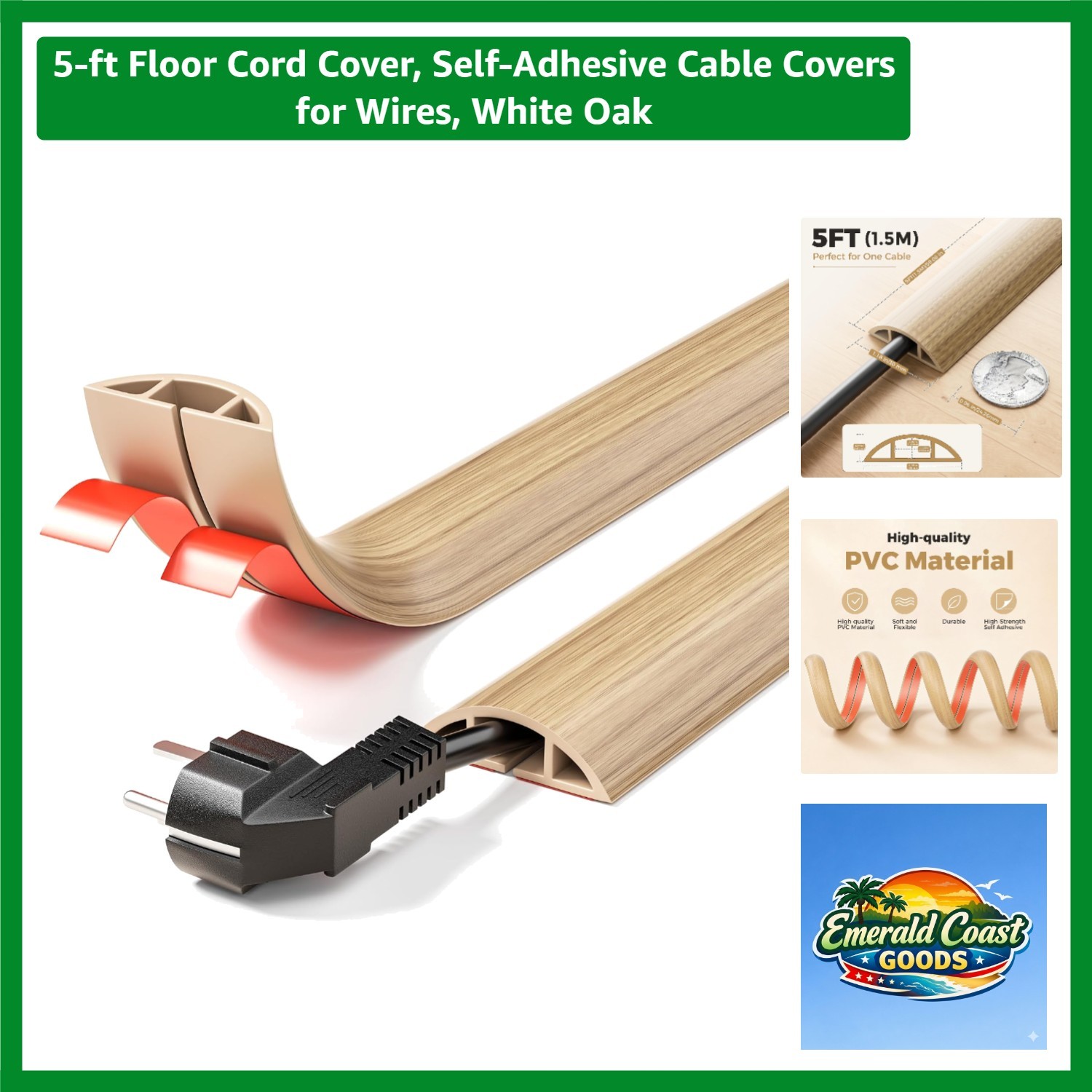 Customizable Self-Adhesive 5-ft Floor Cord Protector - Smooth White Oak Design