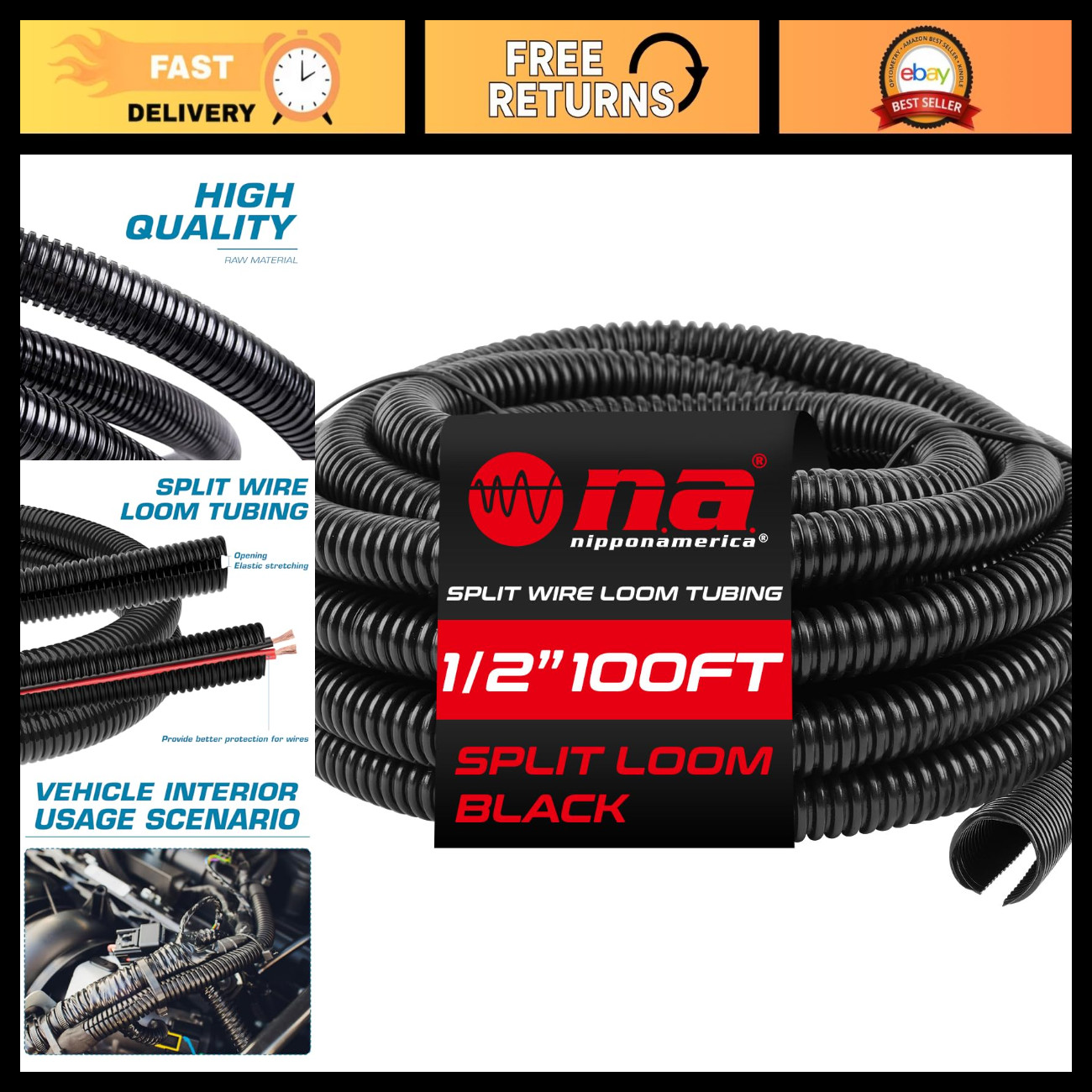 Flexible 1/2" x 100ft Split Wire Loom Tubing - Chemical-Resistant Cable Organize