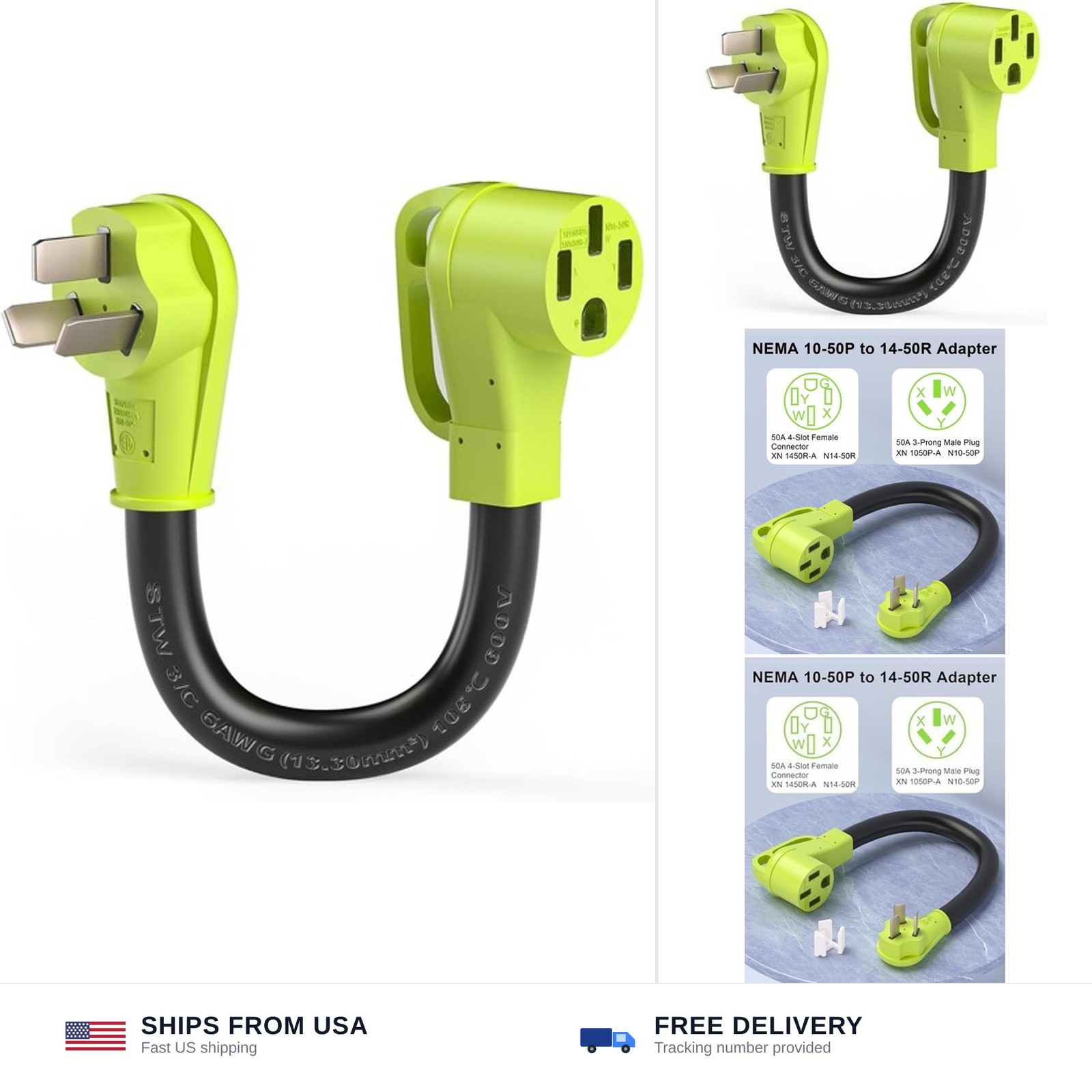 NEMA 10-50P to 14-50R EV Charger Adapter 50A 250V Tesla Model 3/Y/S/X