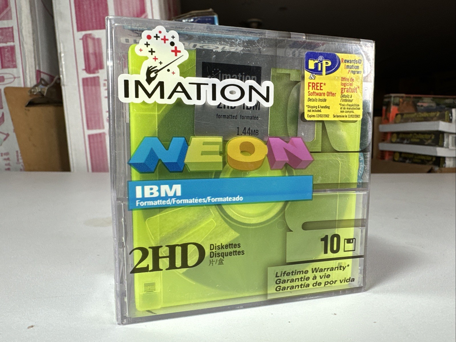 10 Pack NEON Imation Formatted Diskettes IBM 2HD 1.44 MB Sealed Acrylic Box