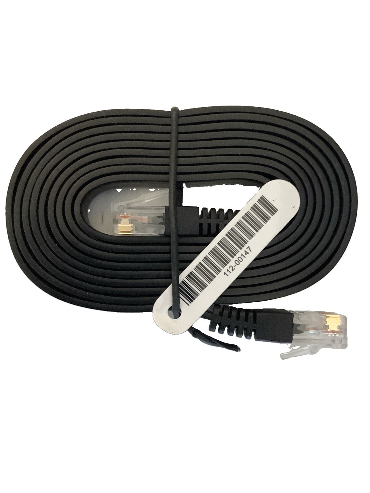 Black flat Ethernet network patch cable with RJ45 connectors