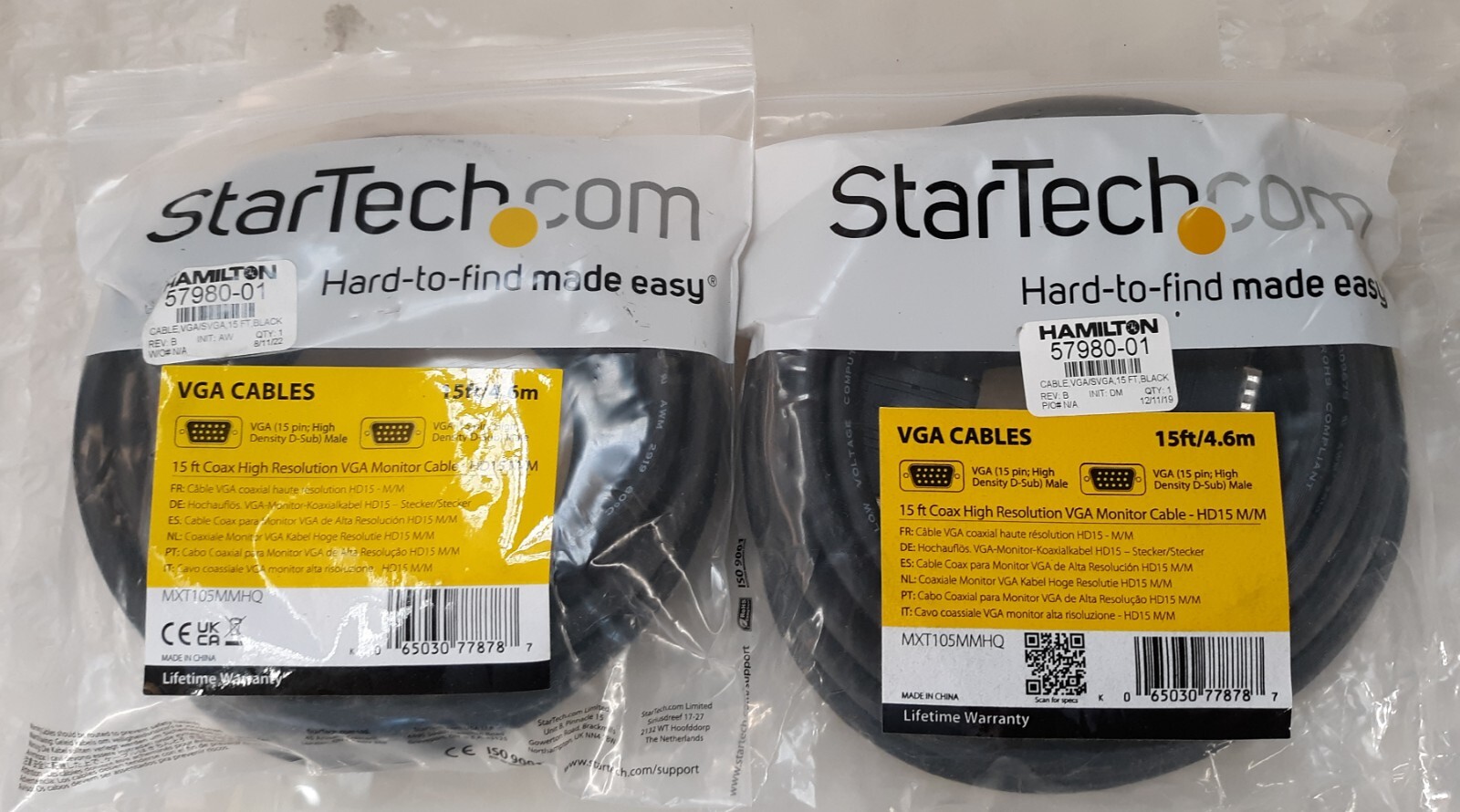 Pair of Startech.com Coax High Resolution VGA Monitor Cables 15FT./4.6m *NEW*