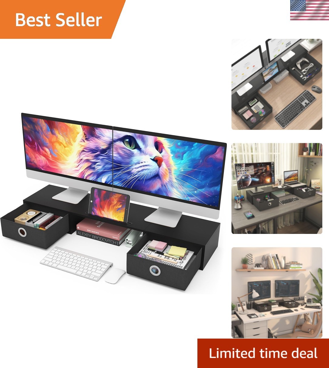 Extra-Large Monitor Stand Riser with Drawers - Supports 2-3 Monitors Stylishly