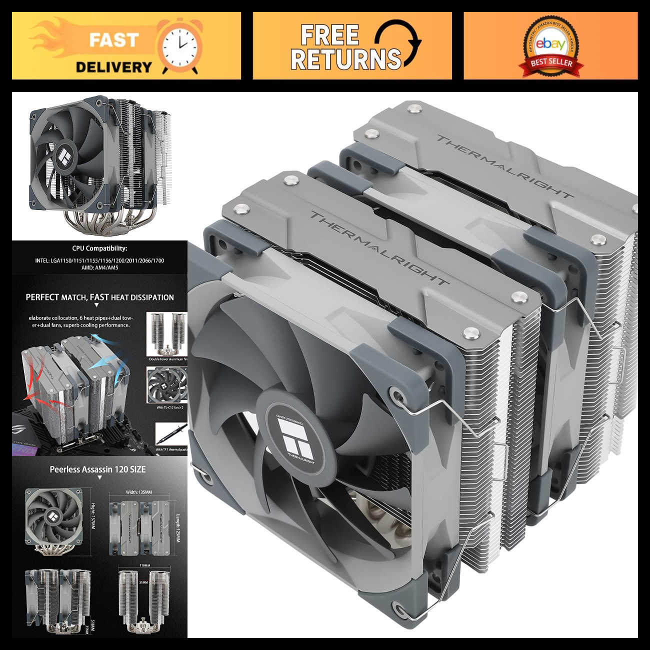 High Performance CPU Air Cooler, 6 Heatpipes, Dual 120mm PWM Fans, AM4/AM5/Intel