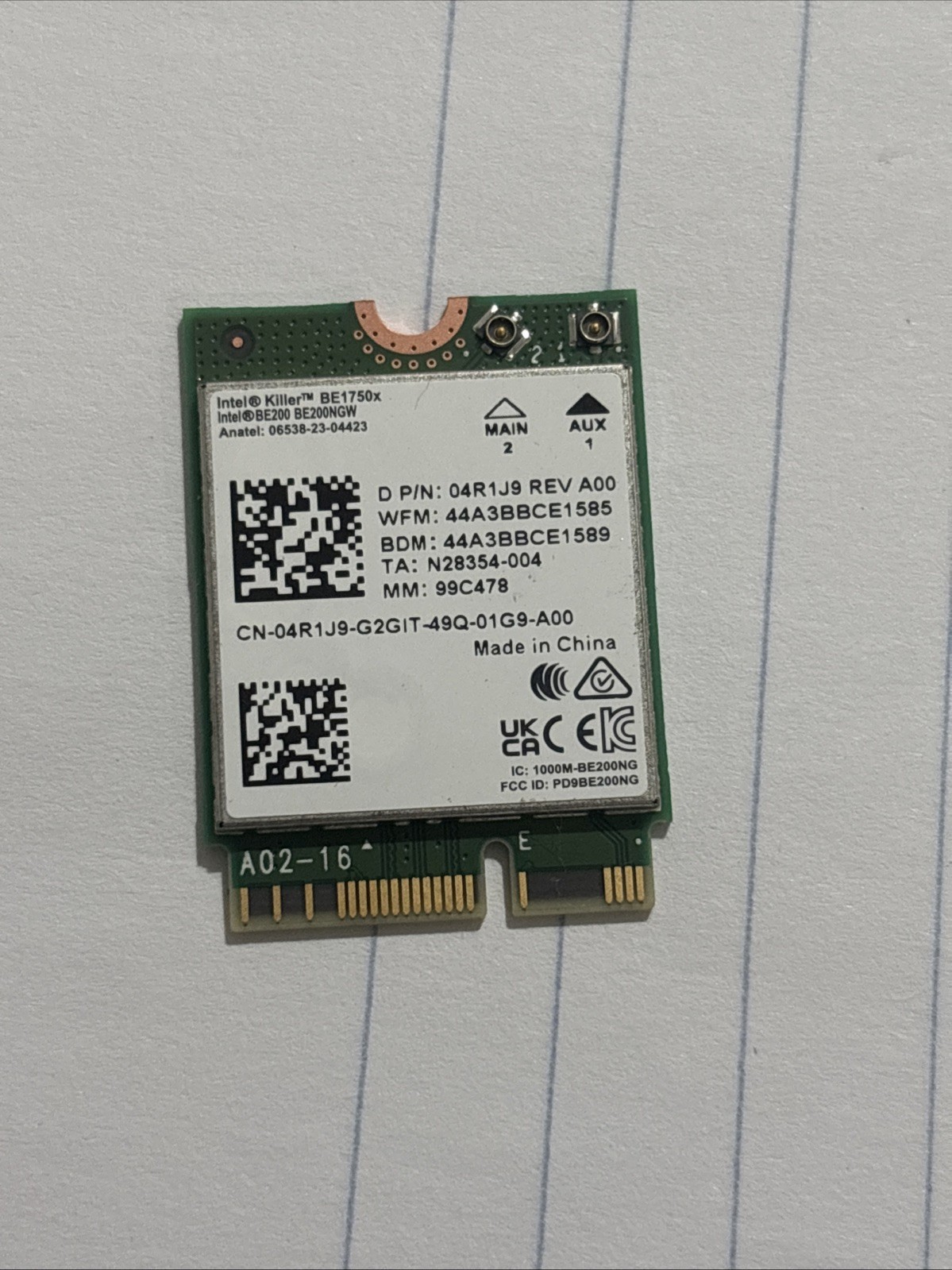 Network card Intel Killer BE1750x Wi-Fi 7 802.11be Bluetooth 5.4 laptop 4R1J9