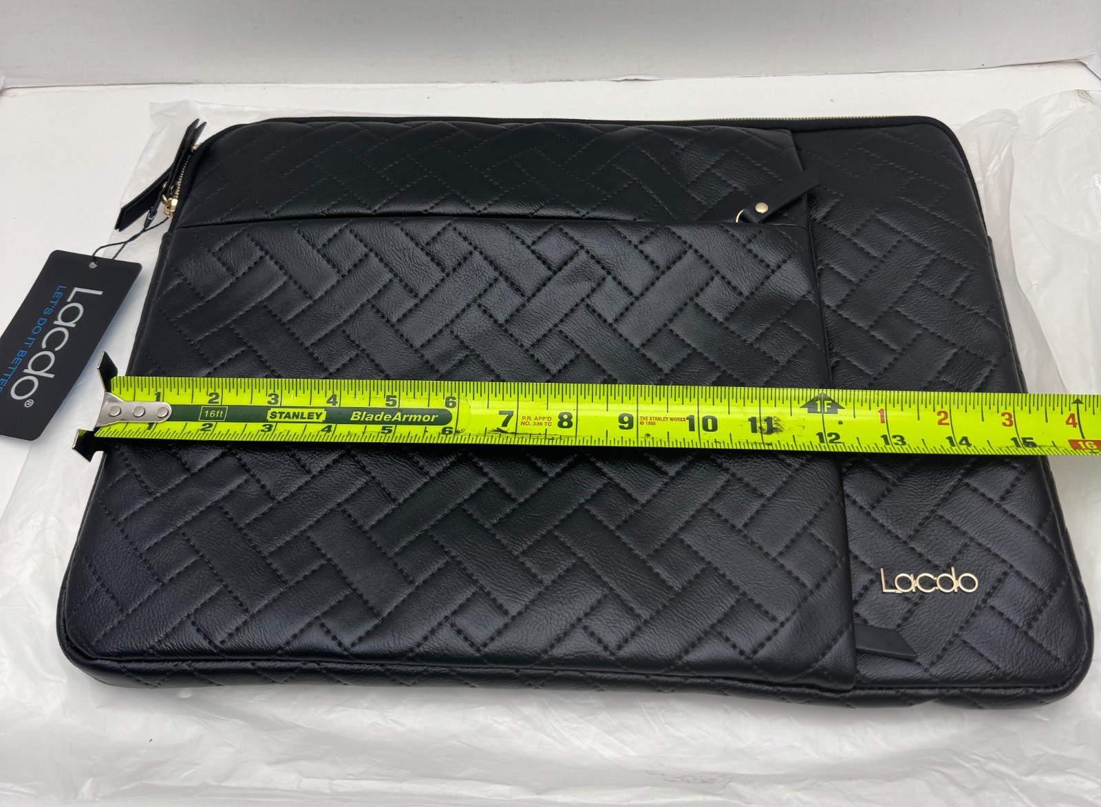 Lacdo 15" Laptop/tablet Case Zippered Sleeve Pockets ,Black weave faux leather