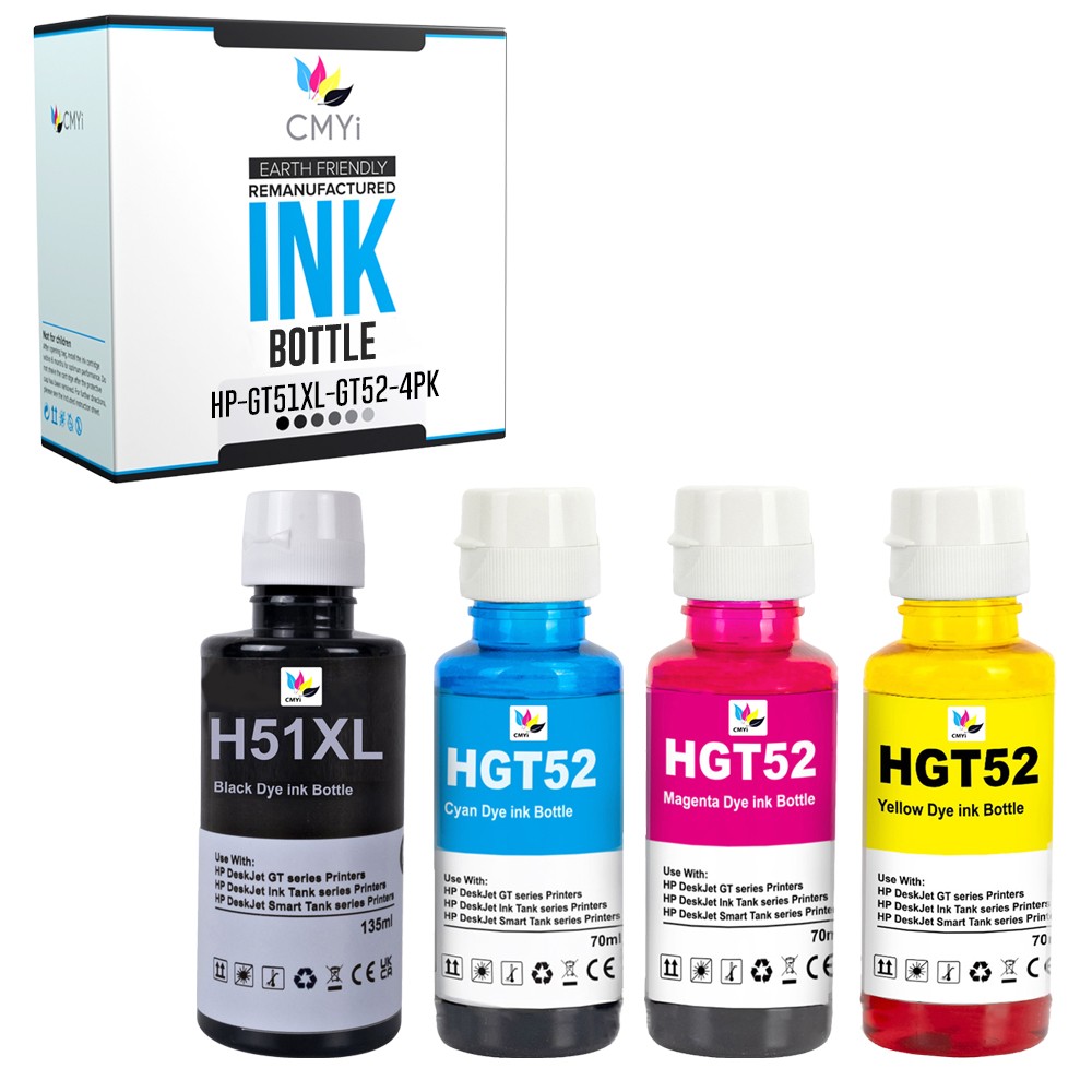 CMYi 4PK Compatible GT51XL GT52 Ink Bottles Combo fits HP DeskJet GT 5820 5821