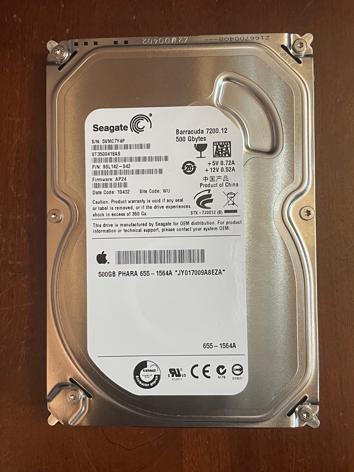 Seagate ST3500418AS Apple PN 655-1564A 500GB 3.5" SATA HDD with Mac OS X 10.11.6
