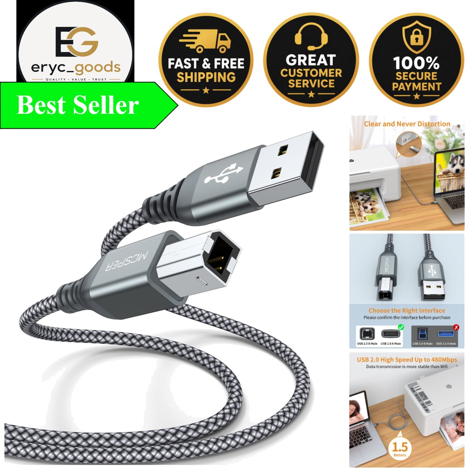 Durable 2-Pack 5FT USB Printer Cables - High Speed A to B for Multiple Brands