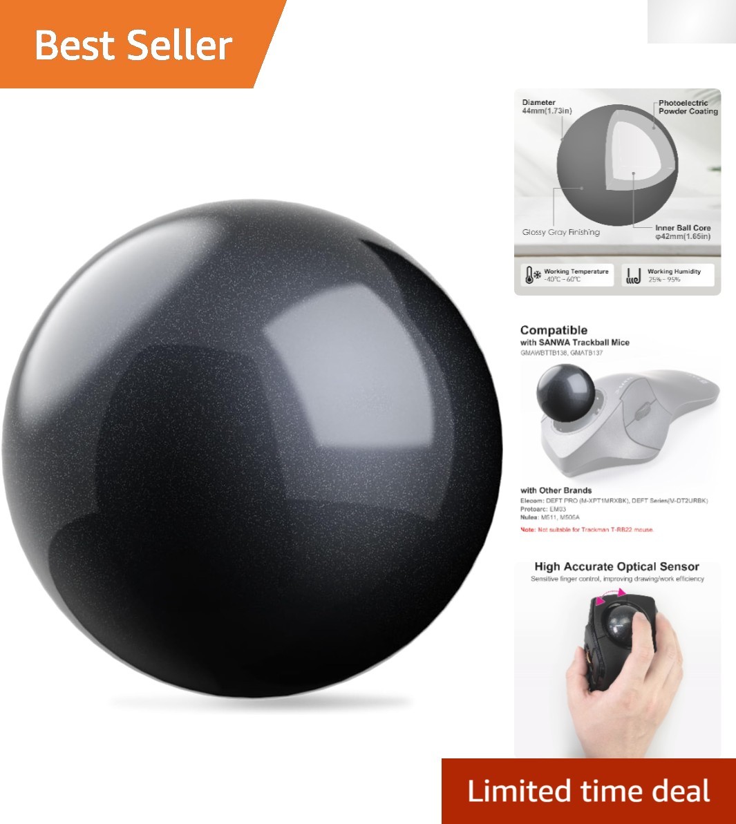 Durable 44mm Trackball Replacement - Smooth Optics & Elegant Black Design
