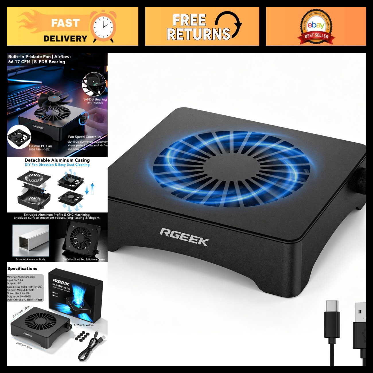 Mini USB Computer Cooling Fan, 5V Adjustable Speed Controller, Quiet & Compact