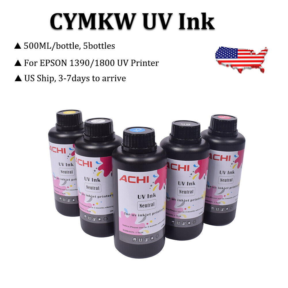 ACHI 5 X 500ML UV INK For1390/1800 UV Printer 5 Colors CMYKW Neutral Ink US Ship