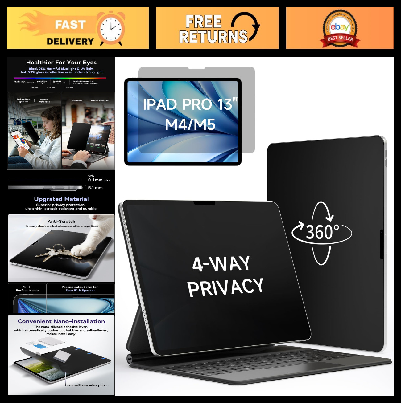 360° Privacy Matte Screen Protector for iPad Pro 13" - Anti-Spy, Blue Light Filt