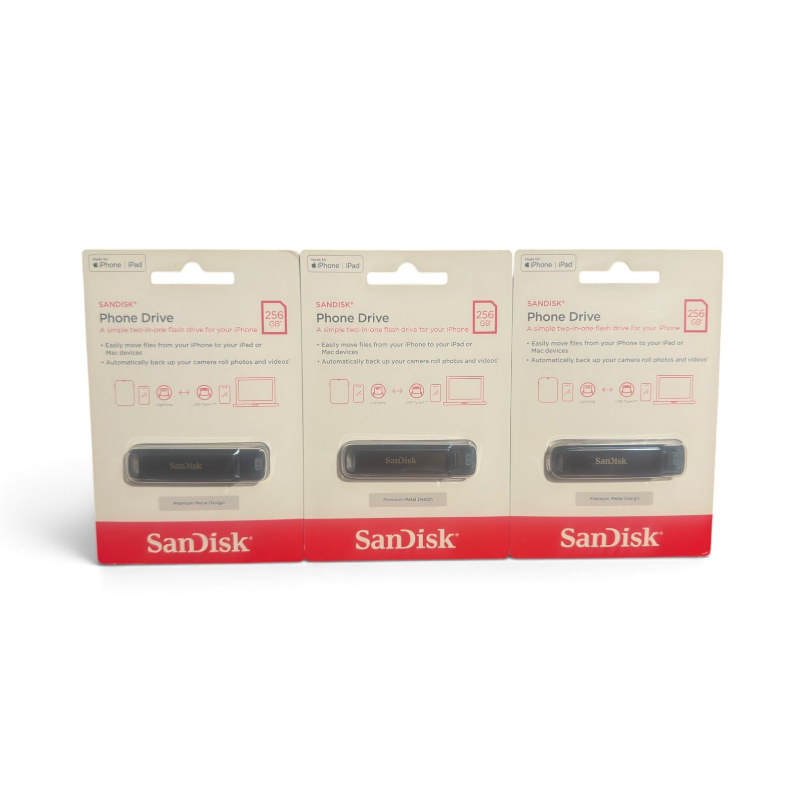 Lot of 3 - SanDisk® Phone Drive 256GB Flash Drive for iPhone Lightning and USB C