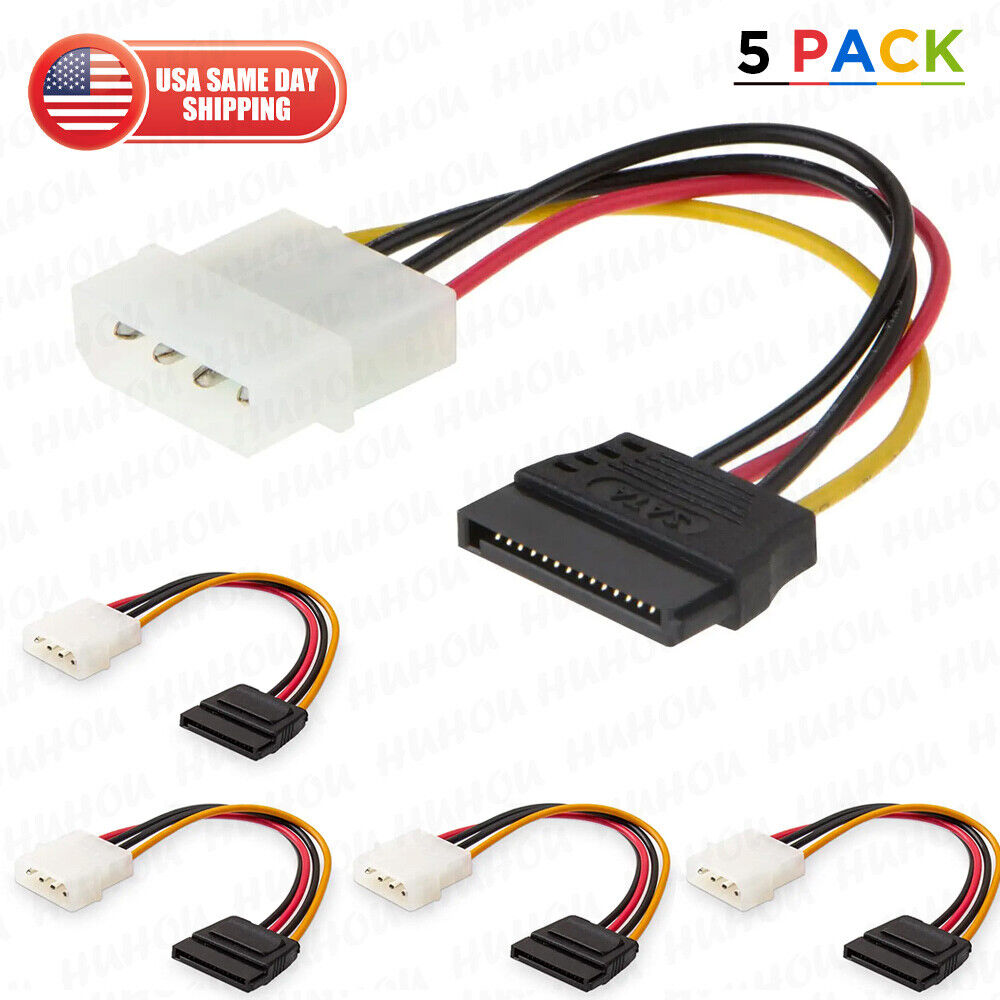 5x Male Female 4-pin Power Drive Adapter Cable to Molex IDE SATA 15-pin 6 Inches