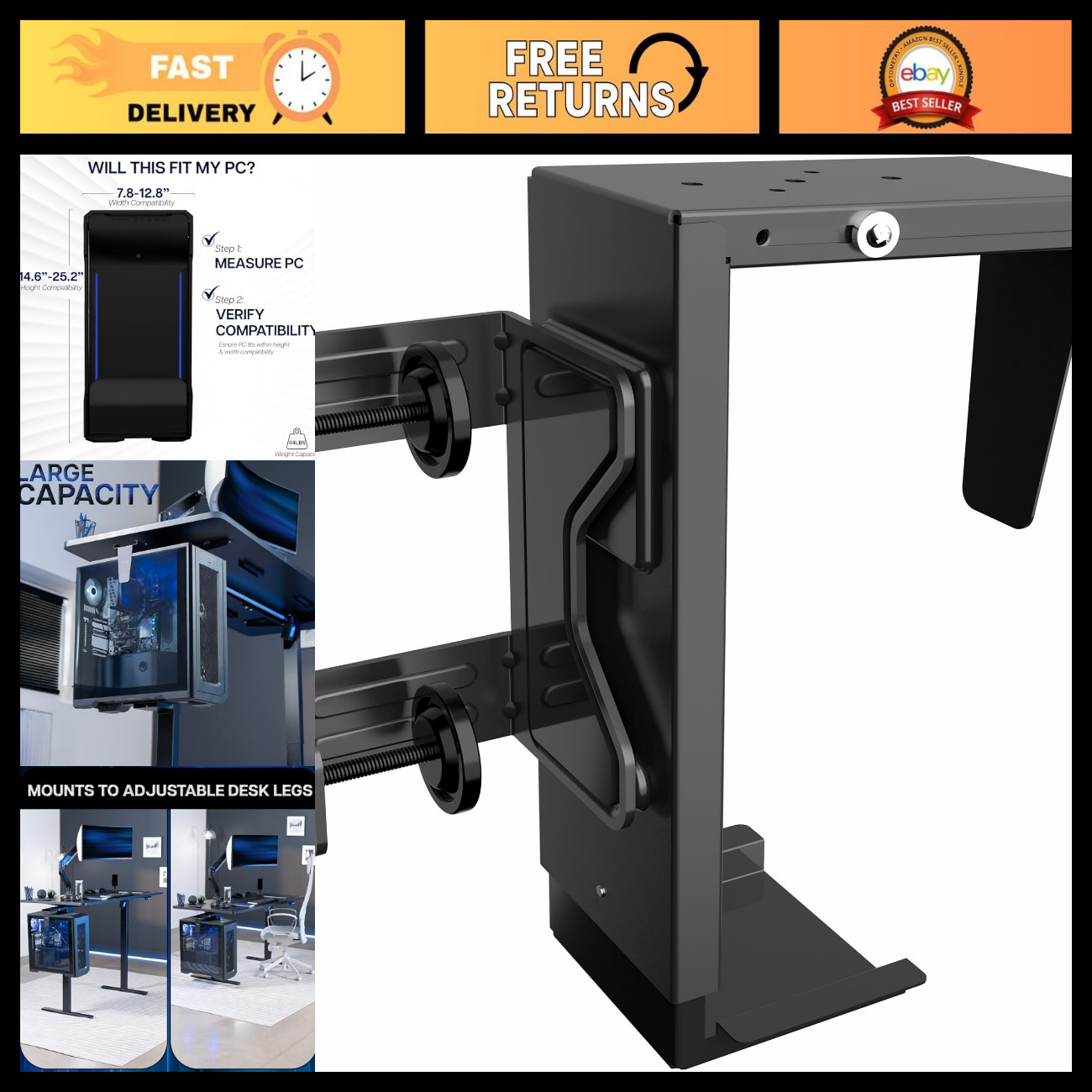 Clamp-On Desk Leg Mount for PC, Adjustable Height, Sturdy Black Support