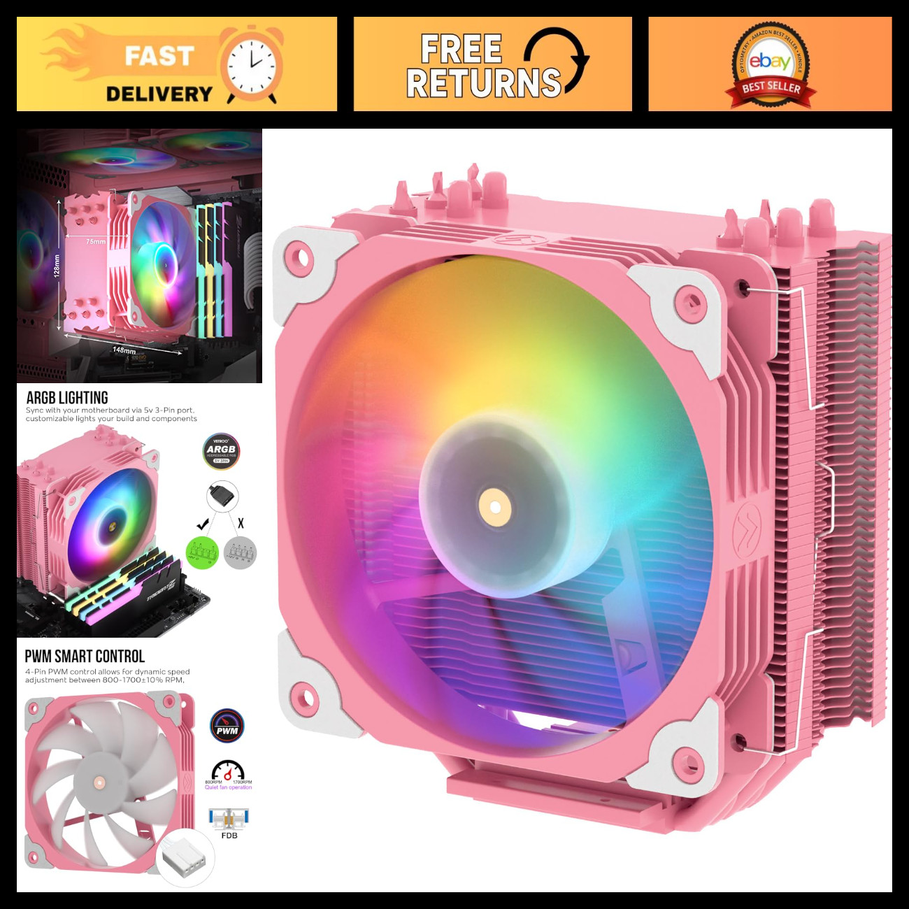 Pink CPU Air Cooler with 5 Heat Pipes - High Performance Cooling System