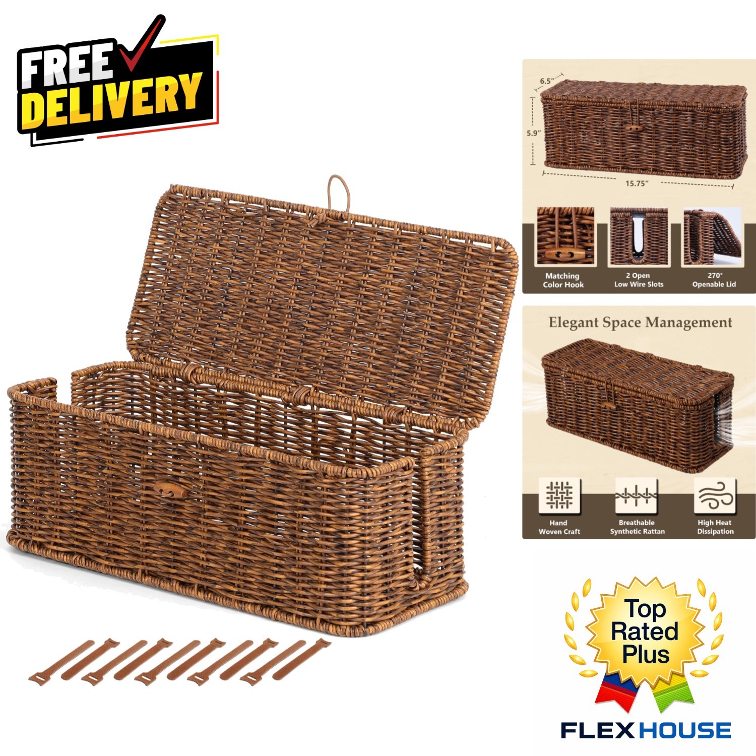 Elegant Cord Organizer Hider - Large Brown Faux Rattan Box with Air Ventilation