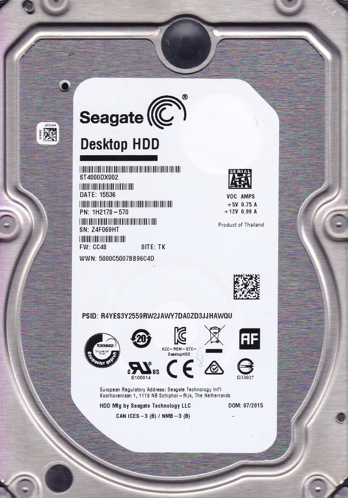  ST4000DX002 p/n: 1H2178-570 s/n: Z4F f/w: CC48 TK 2015 HDD 4TB SATA A9-09