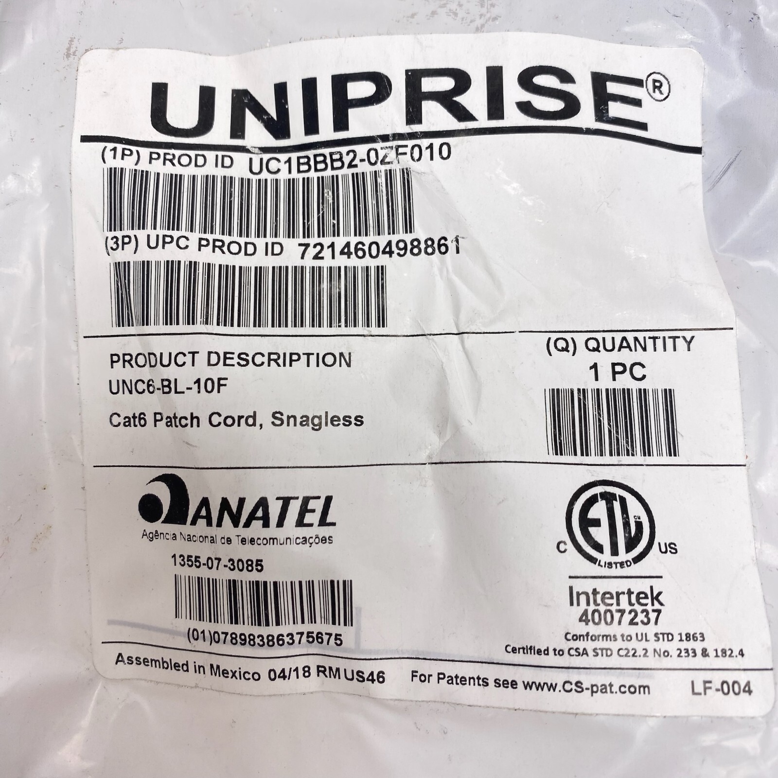 Commscope Uniprise CAT6 10ft Blue Patch Cords UNC6-BL-10F