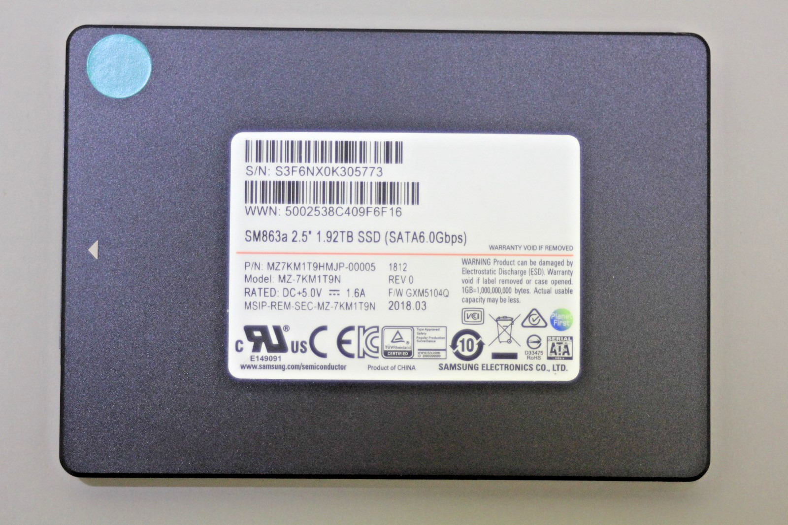 Samsung SM863a 1.92TB 6Gbps 2.5" SATA SSD MZ-7KM1T9N 80-89% Health