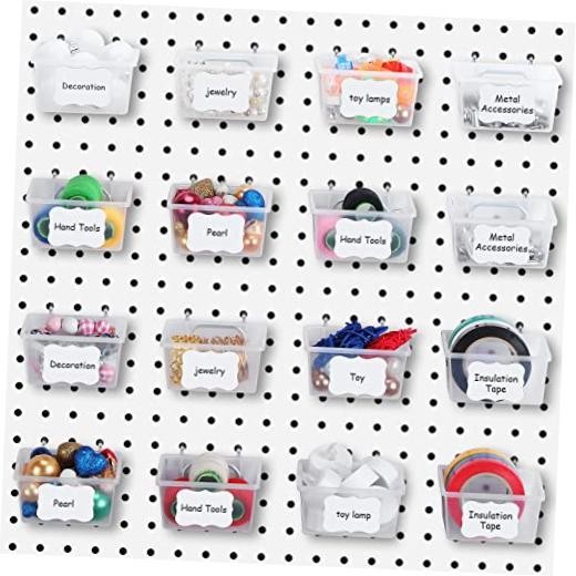 Set of 16 Clear Pegboard Bins Baskets with Hooks with Sticker Labels - Pens